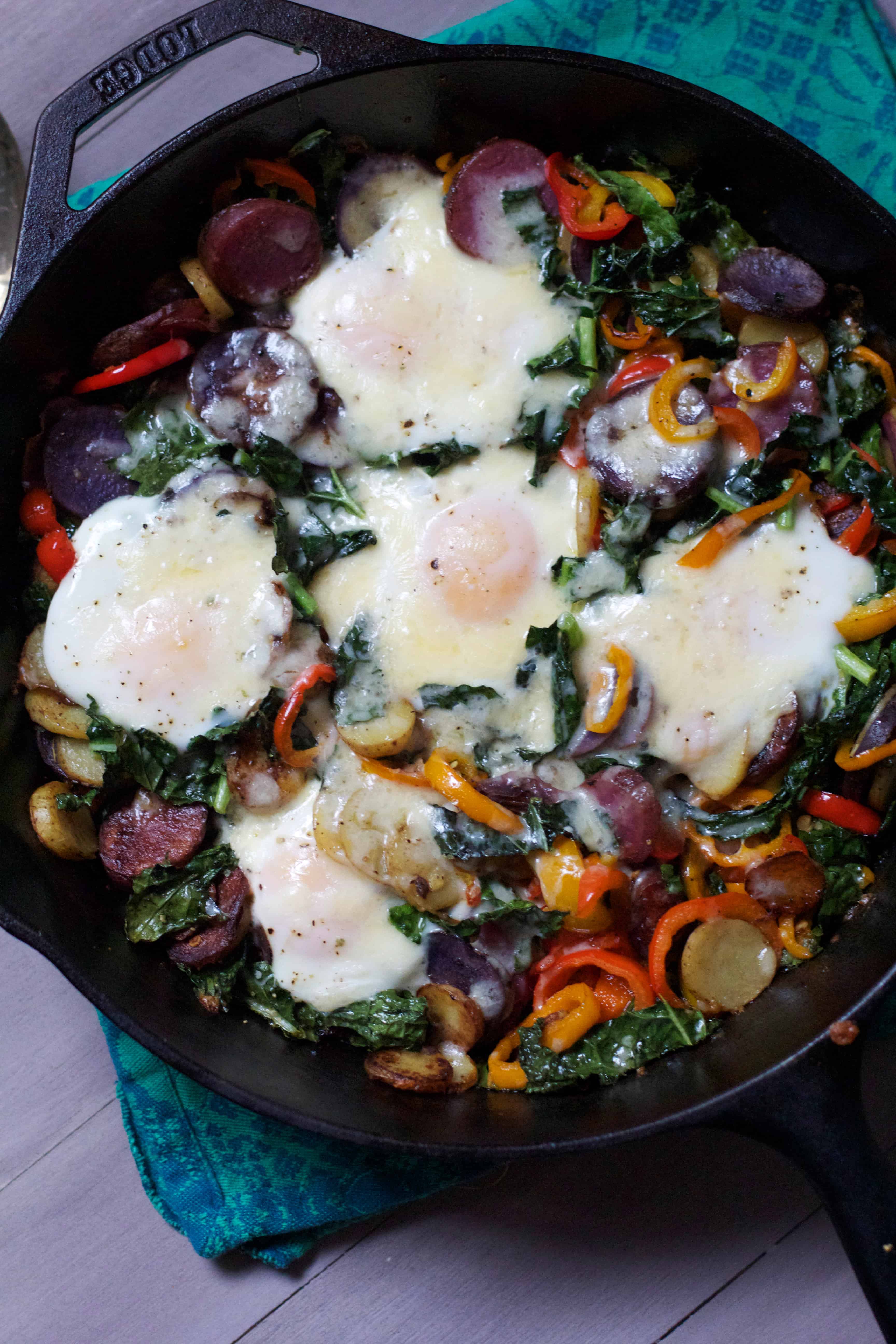 Kale Potato Hash with Baked Eggs and Cheddar - The Baker Chick