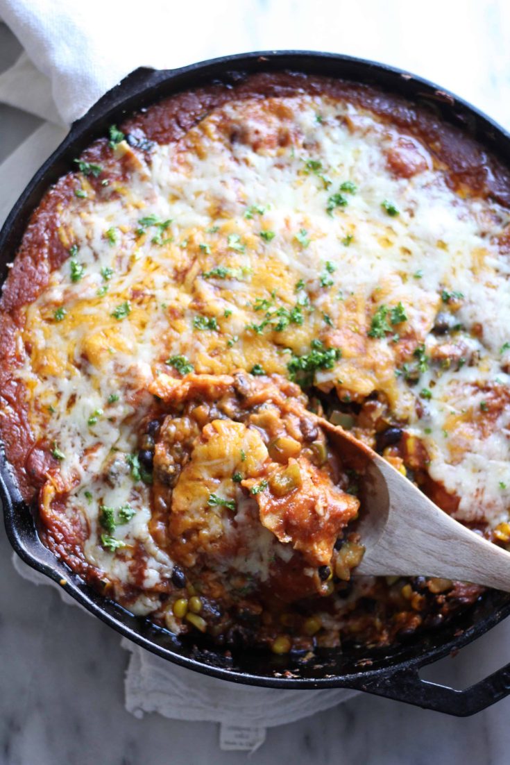 One-Skillet Cheesy Enchilada Bake - The Baker Chick