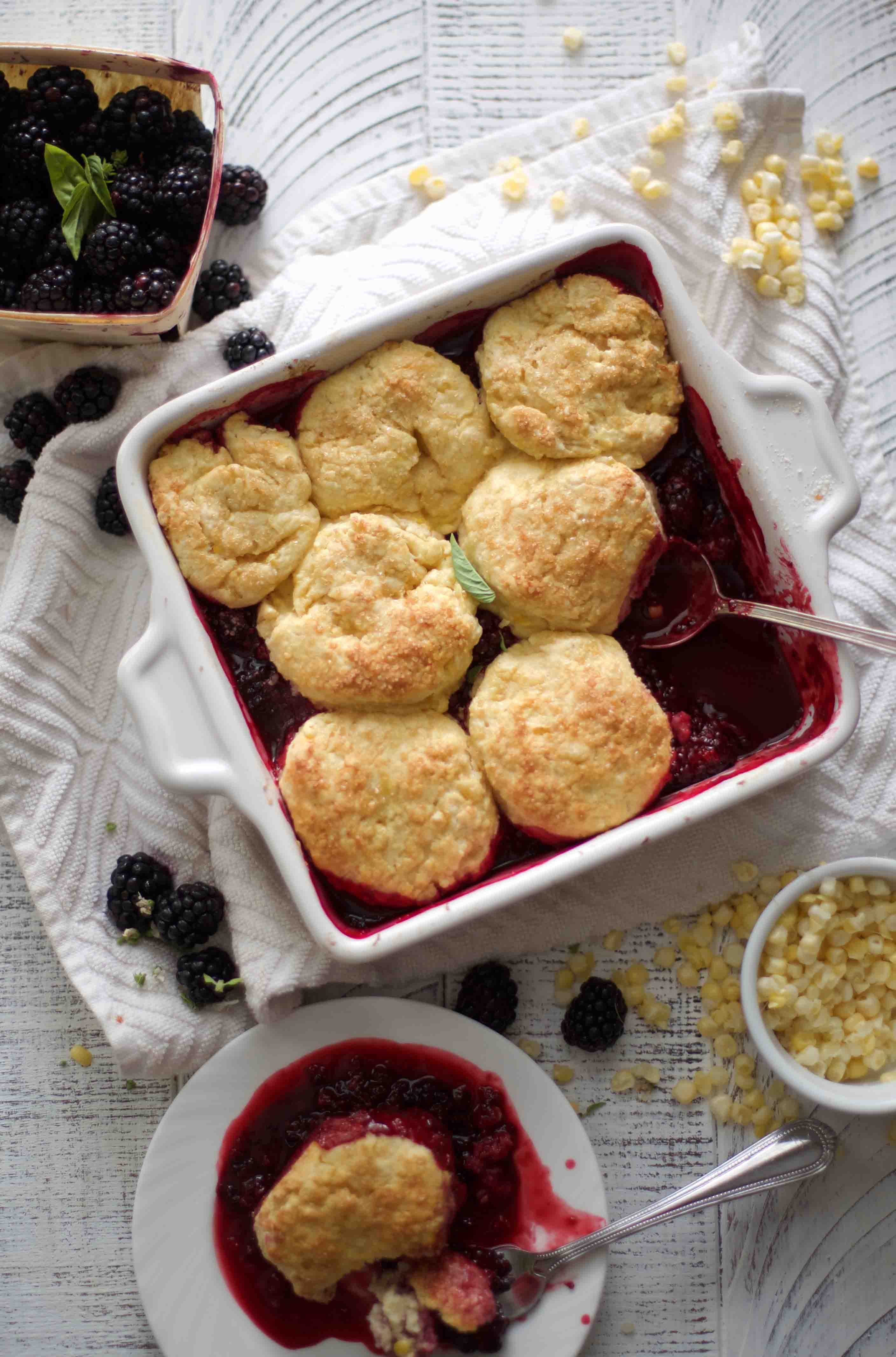Blackberry Cobbler with Sweet Corn Biscuits - The Baker Chick
